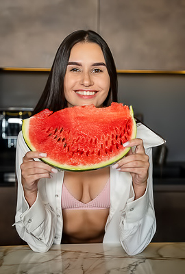 Cristin Tantalizes On Marble Counter With Watermelon And Pink Lingerie