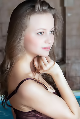 Alexandra bares all by the pool at night, sitting nude on a wooden barrel with legs wide open